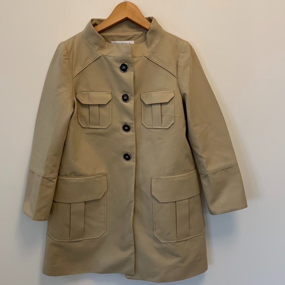ZARA women's mid-length jacket coat fully lined 100% cotton twill beige large